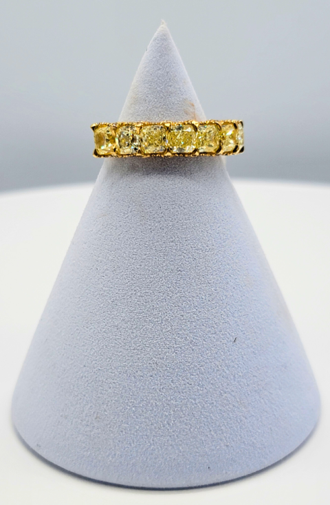 Gold gemstone ring on a white display cone against a light background