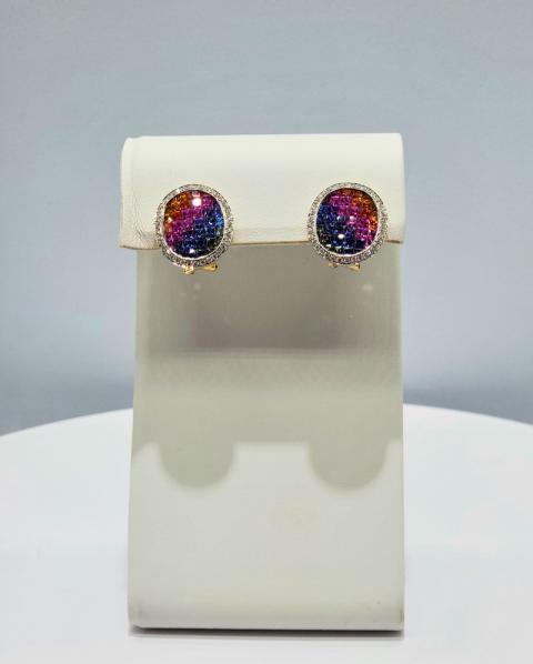 Pair of round multicolor stud earrings displayed on a white jewelry stand.