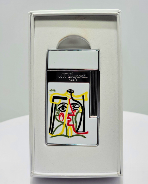 Colorful abstract face design on a silver lighter in a clear display box