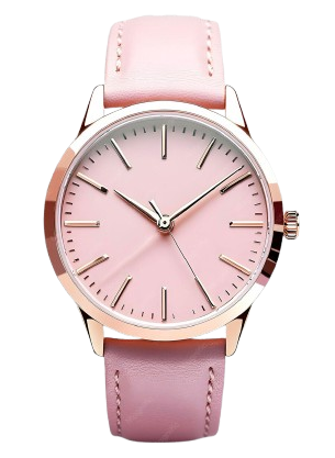 Pink wristwatch with a round face and matching strap on a white background