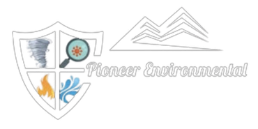 Hexagon logo with mountains, trees, and campfire in orange and blue.