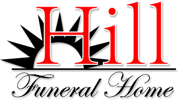 Logo for Hill Funeral Home, with red text and a black sunburst design.