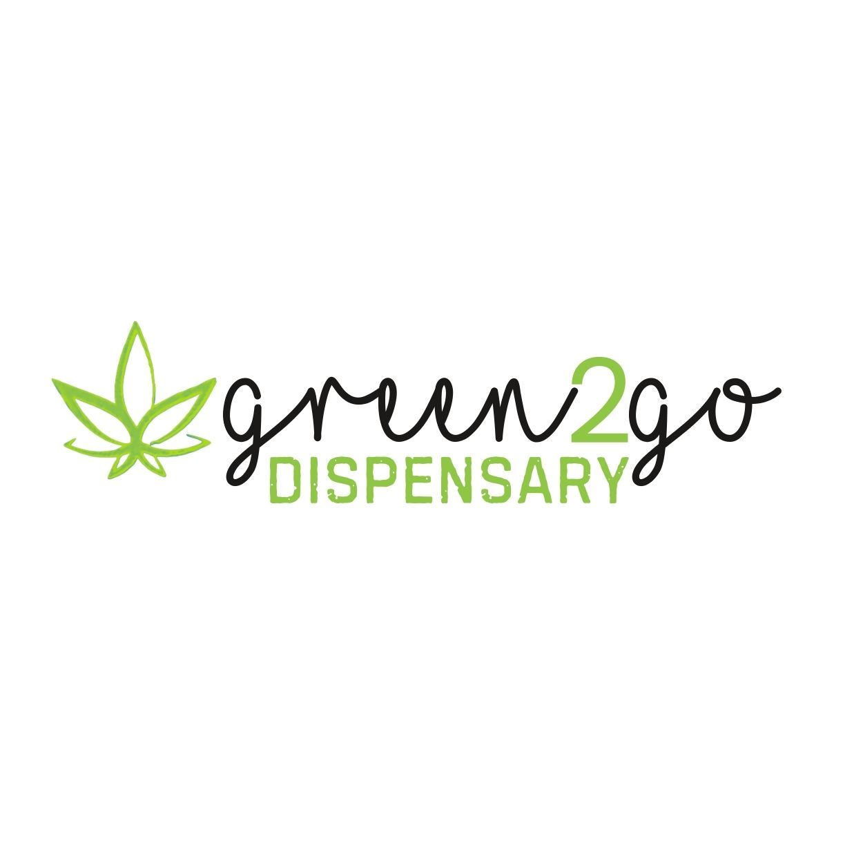 Green 2 Go Dispensary logo: green cannabis leaf, handwritten "green 2 go" with "DISPENSARY" below, on white.