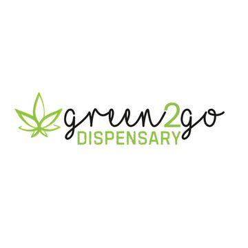 Green 2 Go Dispensary logo: green cannabis leaf, handwritten "green 2 go" with "DISPENSARY" below, on white.