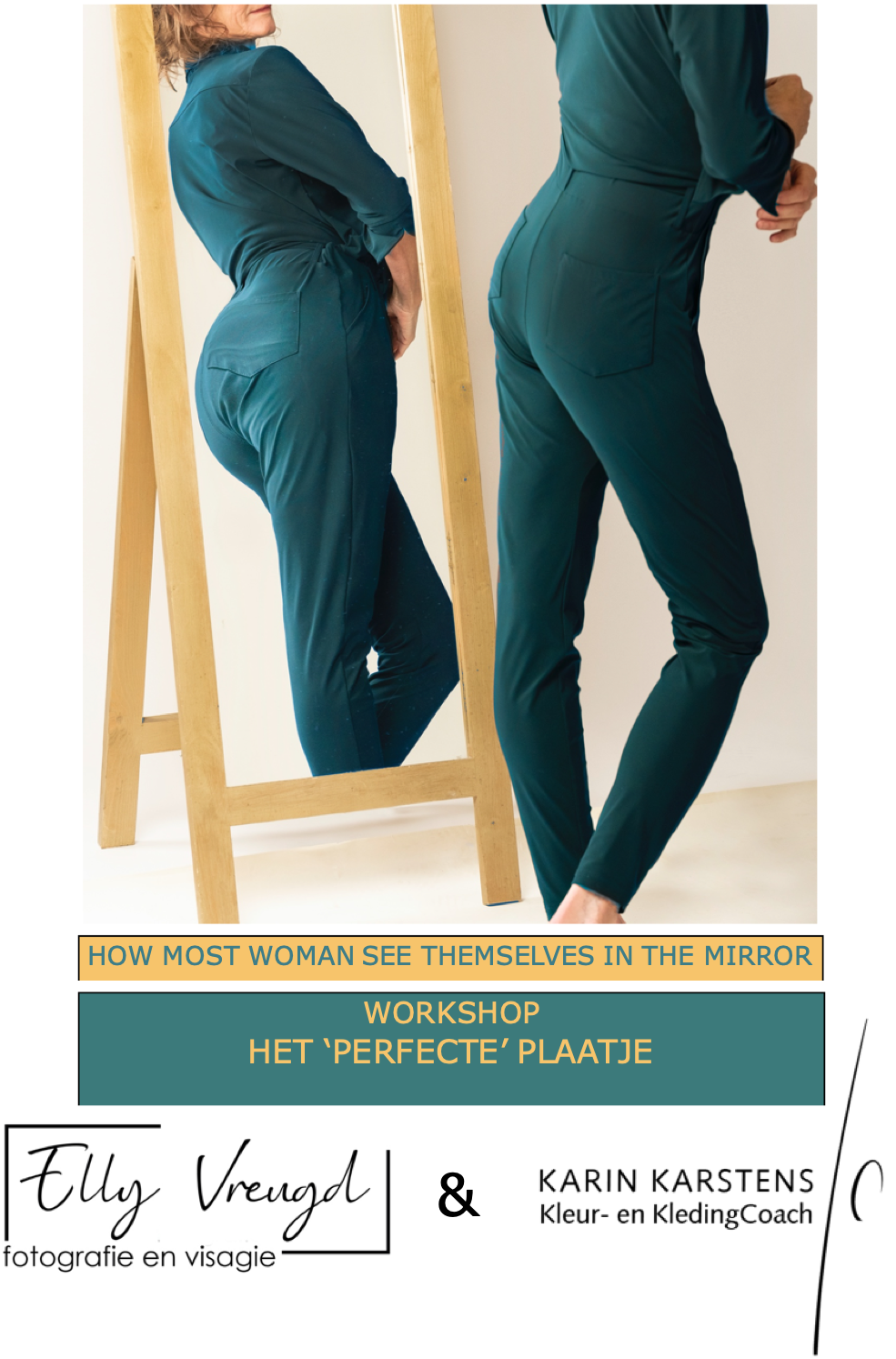 Een persoon in donkergroene kleding staat voor een spiegel. De tekst promoot een workshop over zelfbeeld.