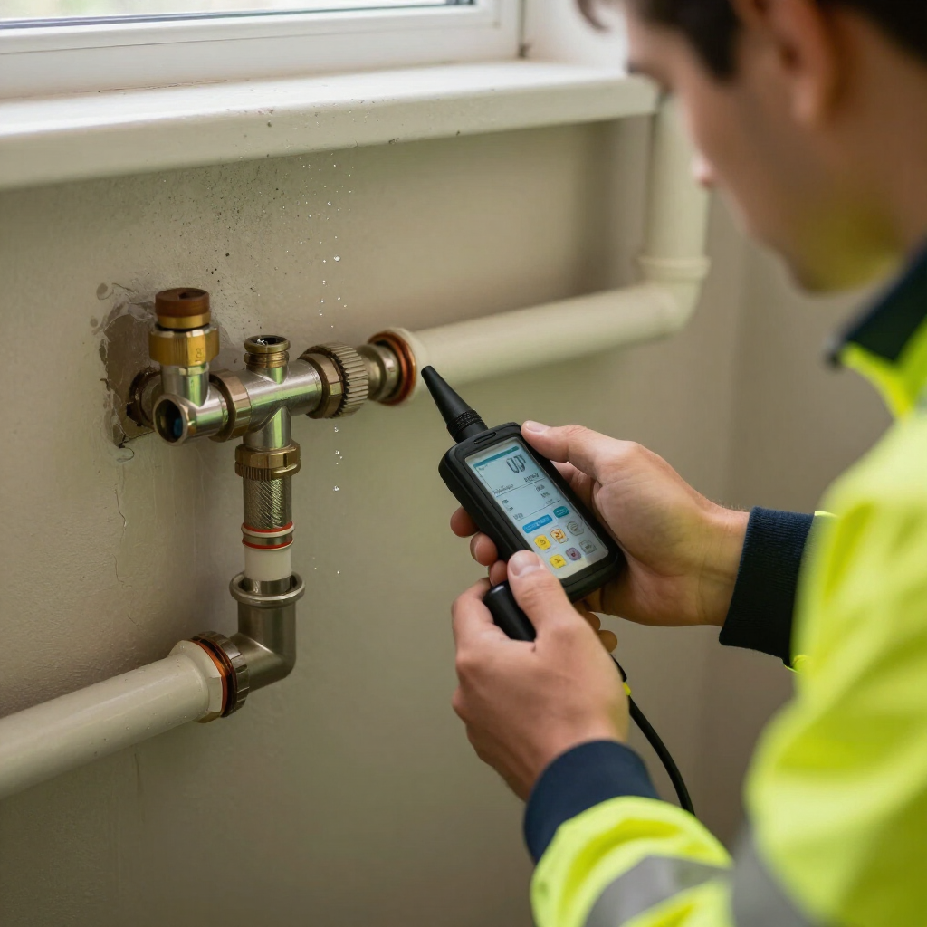 master plumber using leak detection equipment inside residents home.