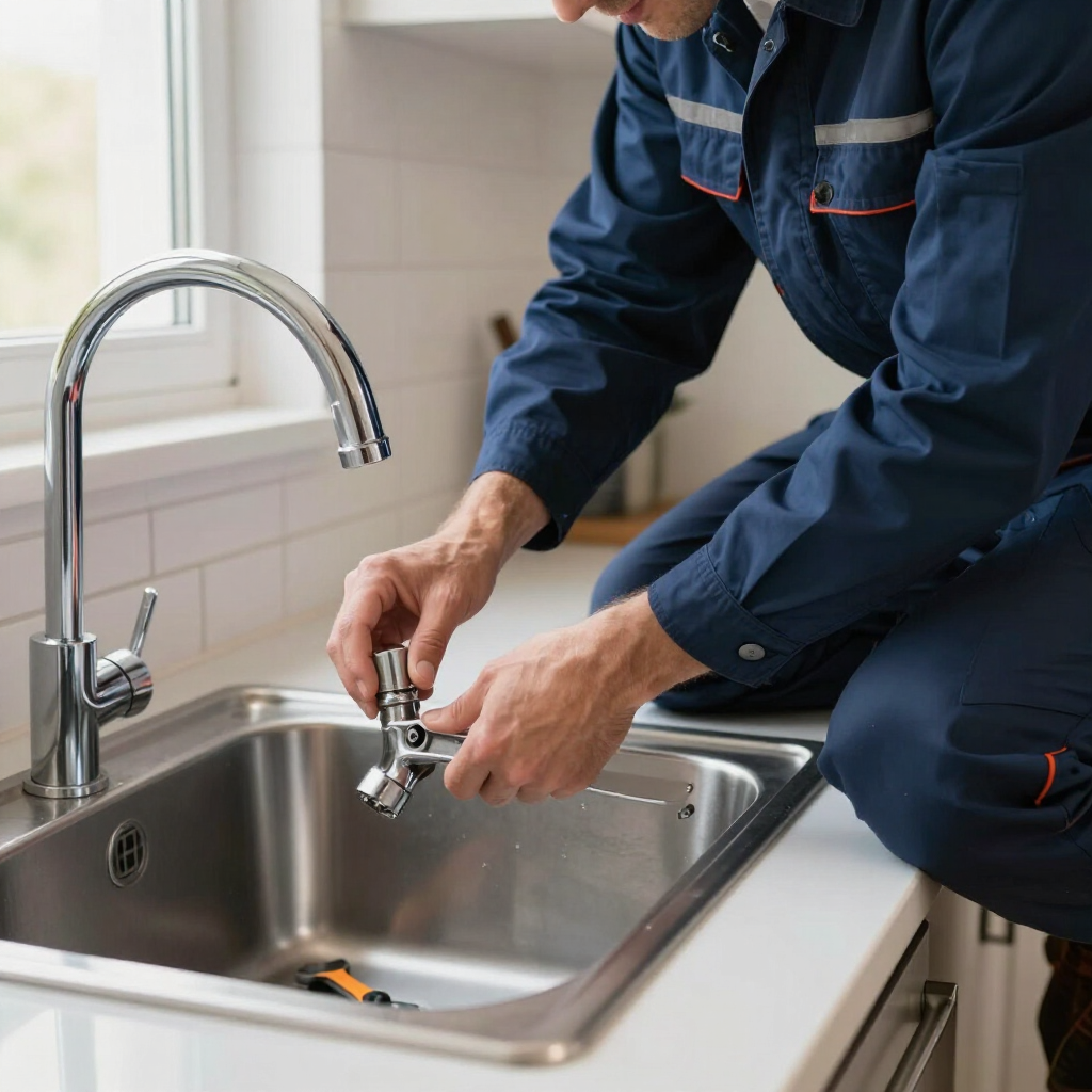 local plumber installing new faucet inside customers home. 