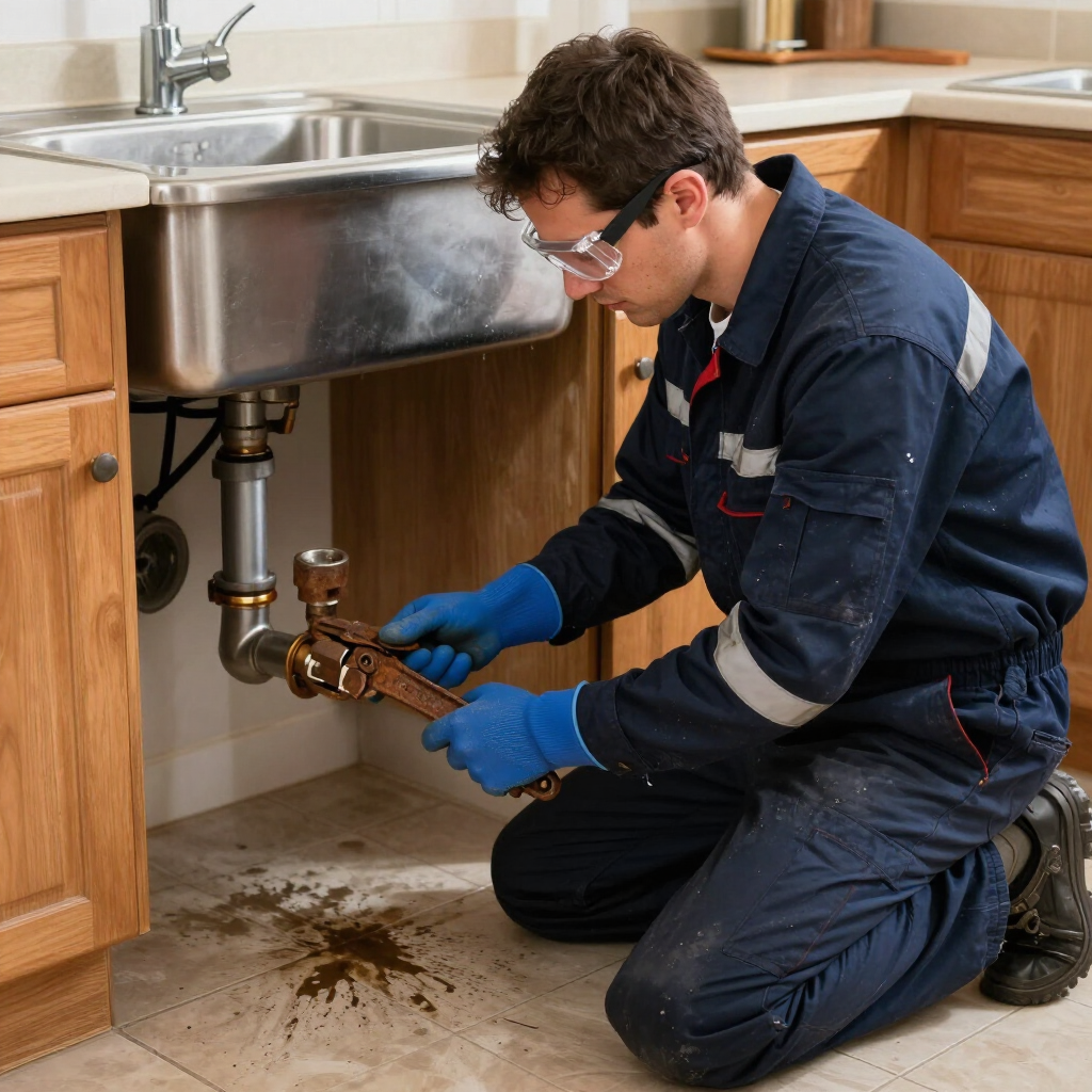 Plumber cleaning a drain in residential home.