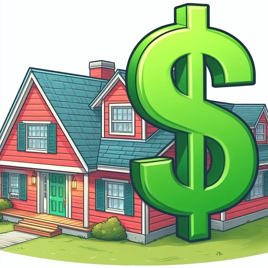 a green dollar sign in front of a red siding house