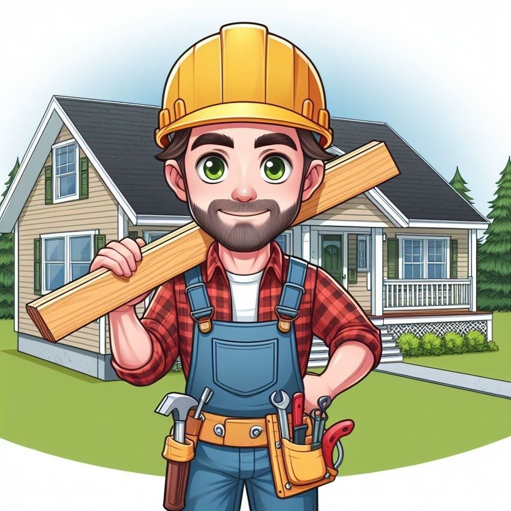 a cartoon picture of a builder holding a 2x4 in front of a house