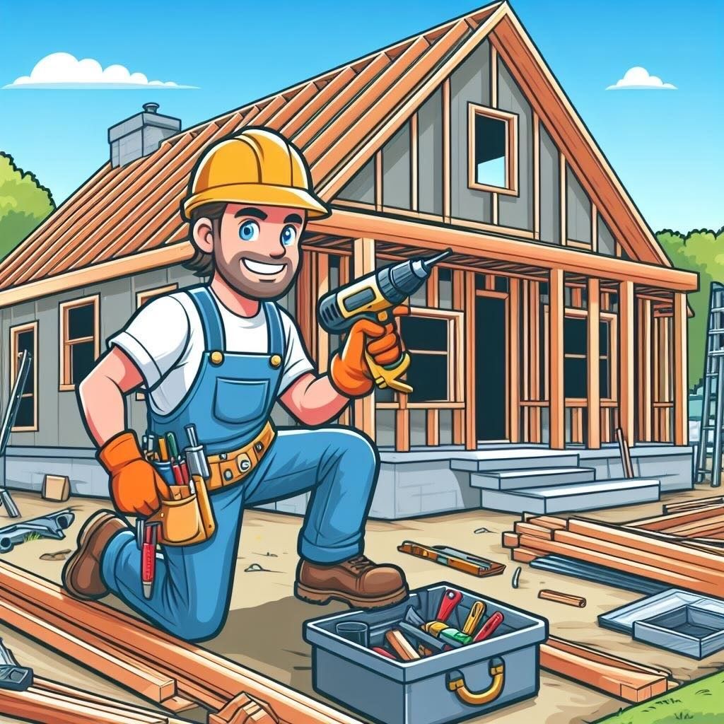 a cartoon builder holding a power drill in front of a house undergoing construction