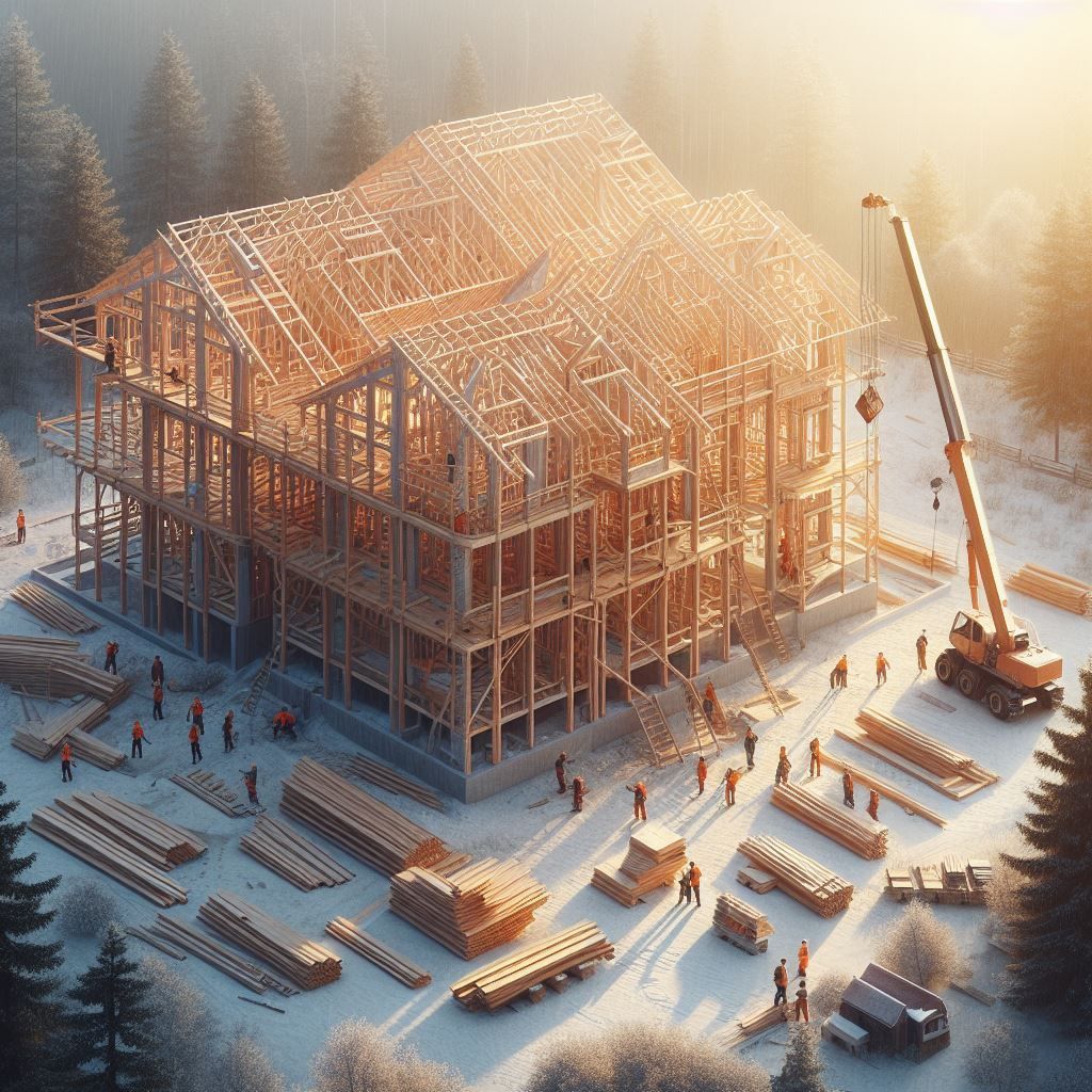 A frame of a large two-story home in the winter of Maine