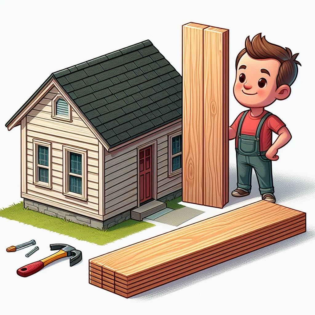 a cartoon image of a builder holding a 2x4 next to a shed