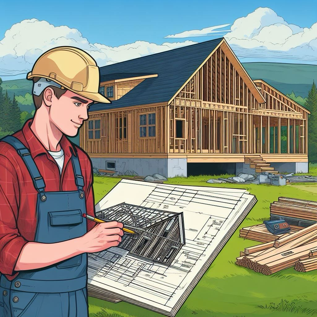 a builder drawing a plan of a house being framed