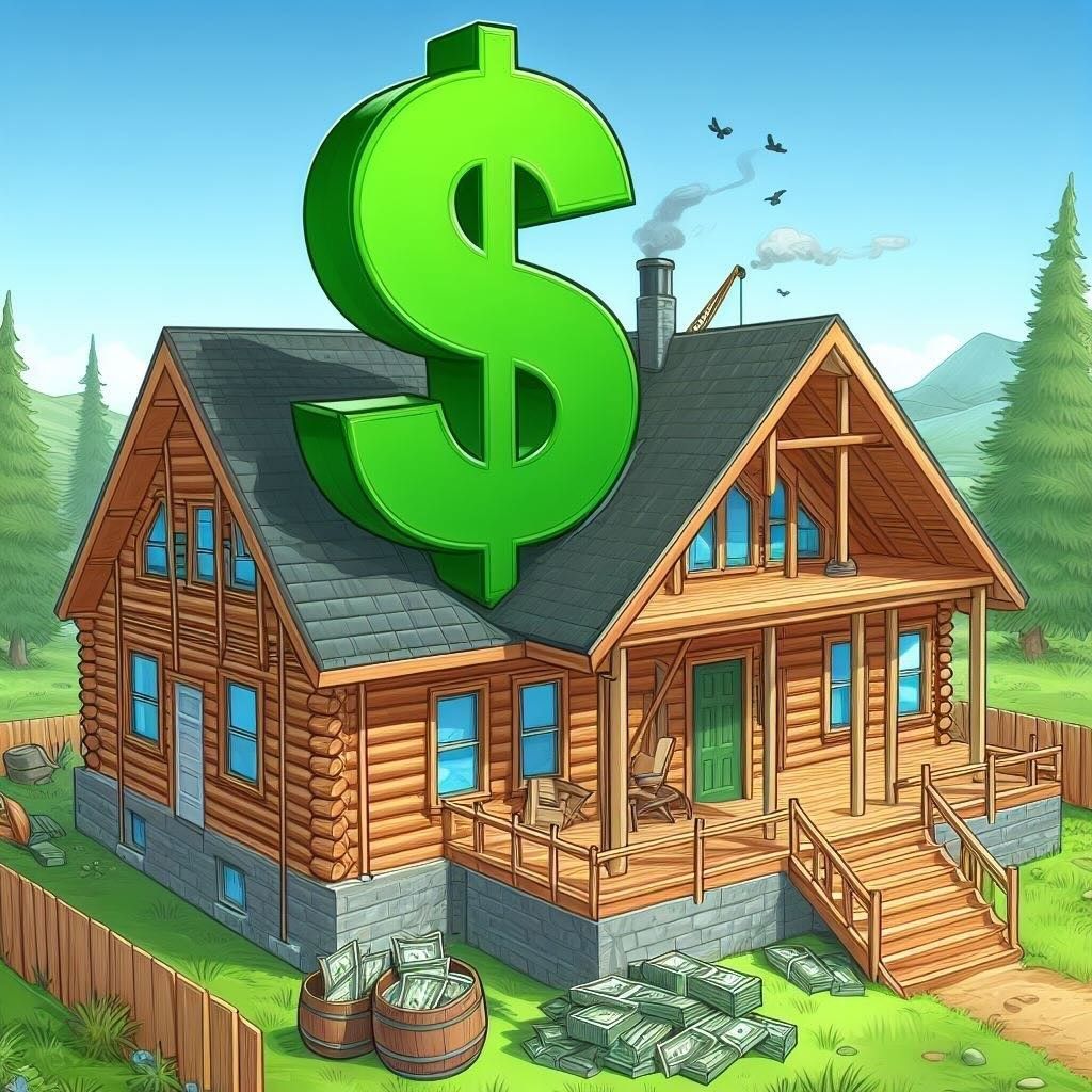 cartoon style house with a green dollar sign over the roof