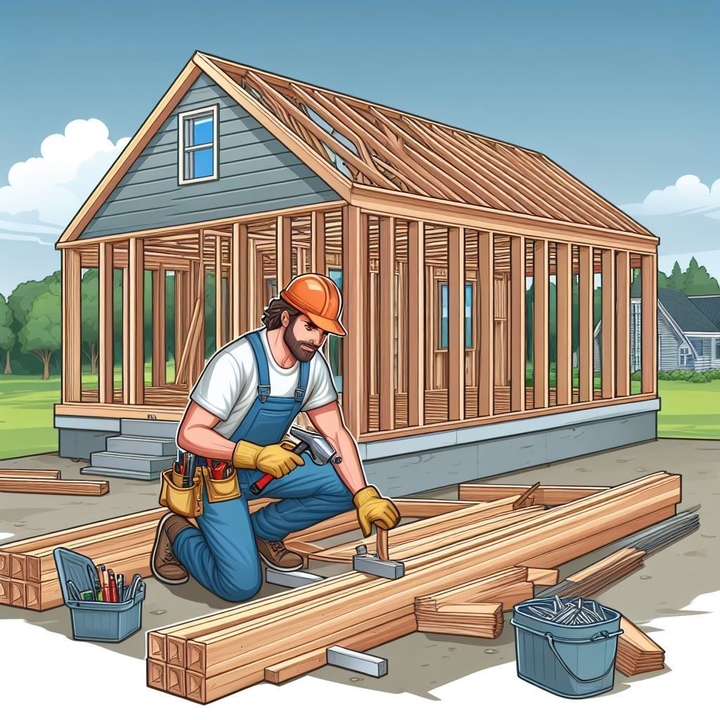 a cartoon image of a builder holding a hammer in front of a framed wood house