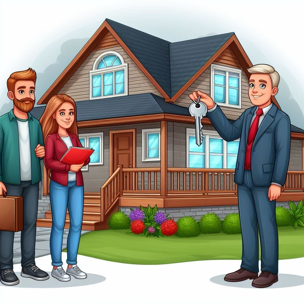 a cartoon image of a contractor in a suit handing the keys to a new home to a couple