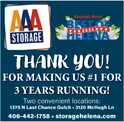 AAA Storage thank-you ad with “#1 for 3 years” and Helena location, teal background, logo, phone, website