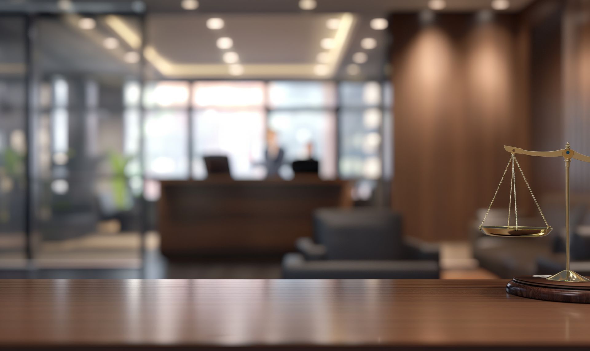 Law office reception area with scales of justice on a desk in the foreground