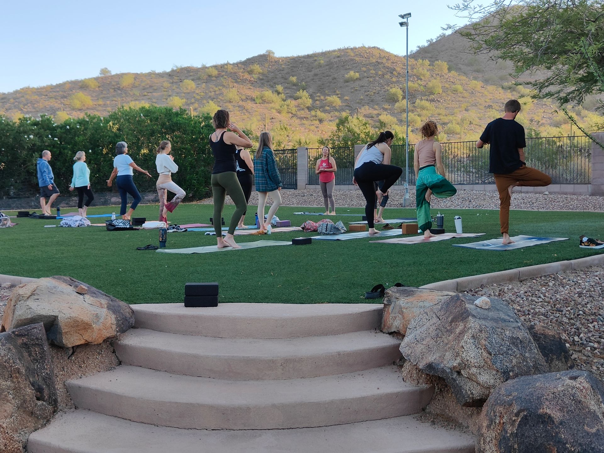 Group of people doing yoga on grass, mountain background.