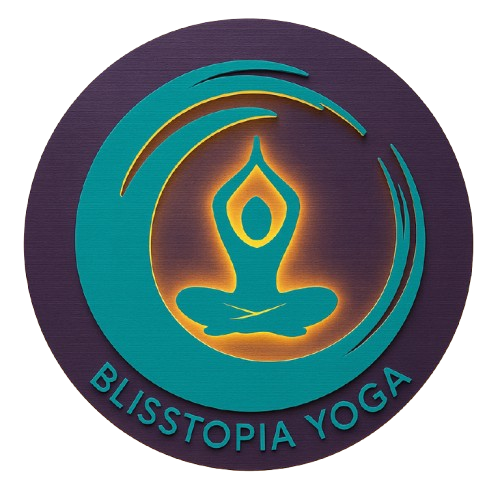 Logo for Blissstopia Yoga: Teal figure in lotus pose with halo, inside teal crescent, purple background.