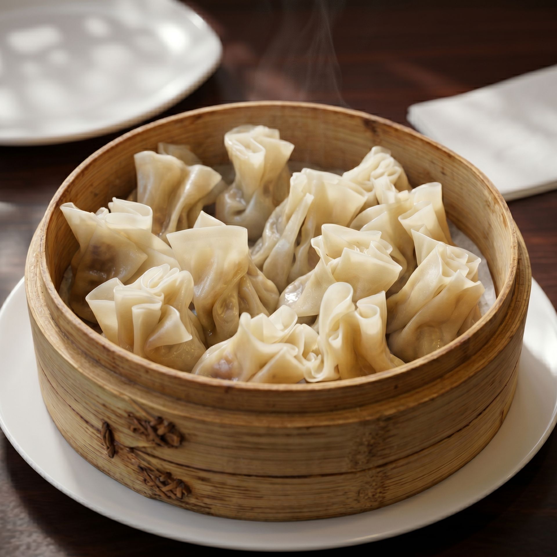Steamed dumplings in a bamboo basket on a white plate, served on a table