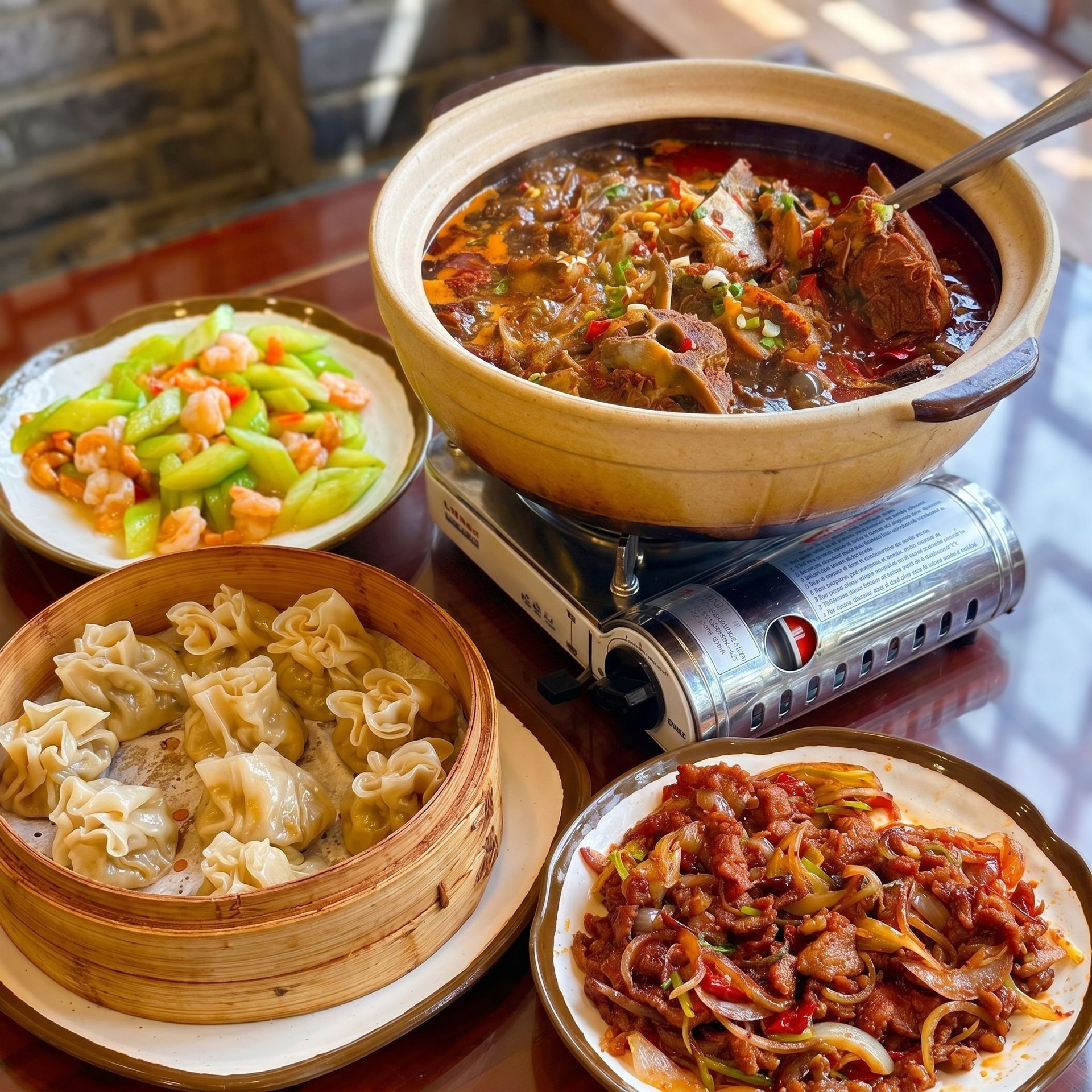 Assorted Chinese dishes on a table, including soup, dumplings, stir-fried vegetables, and meat in bowls and bamboo baskets