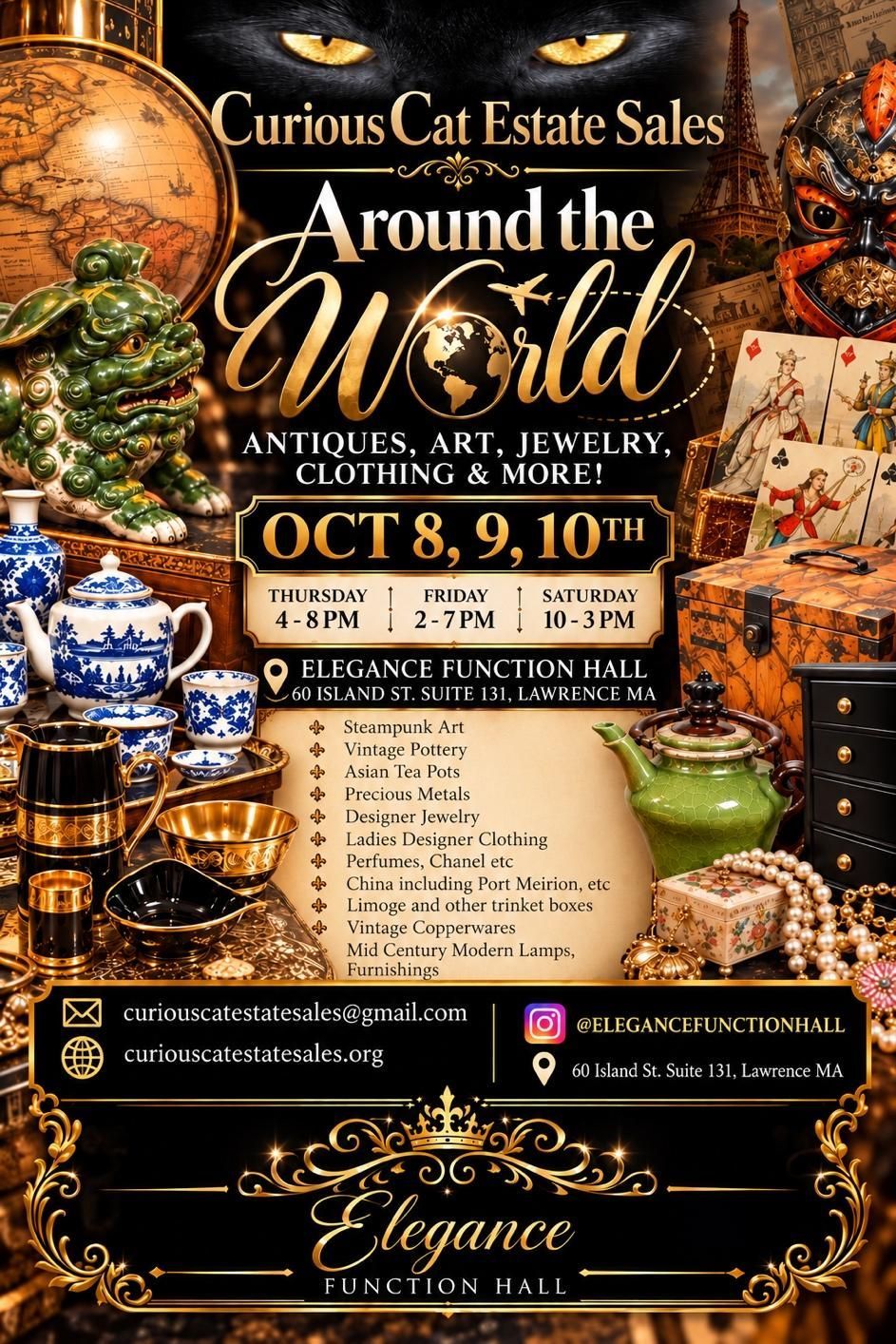 Curious Cat Estate Sales “Around the World” sale poster with antiques, art, jewelry, clothing, and rugs, Oct. 8–10.