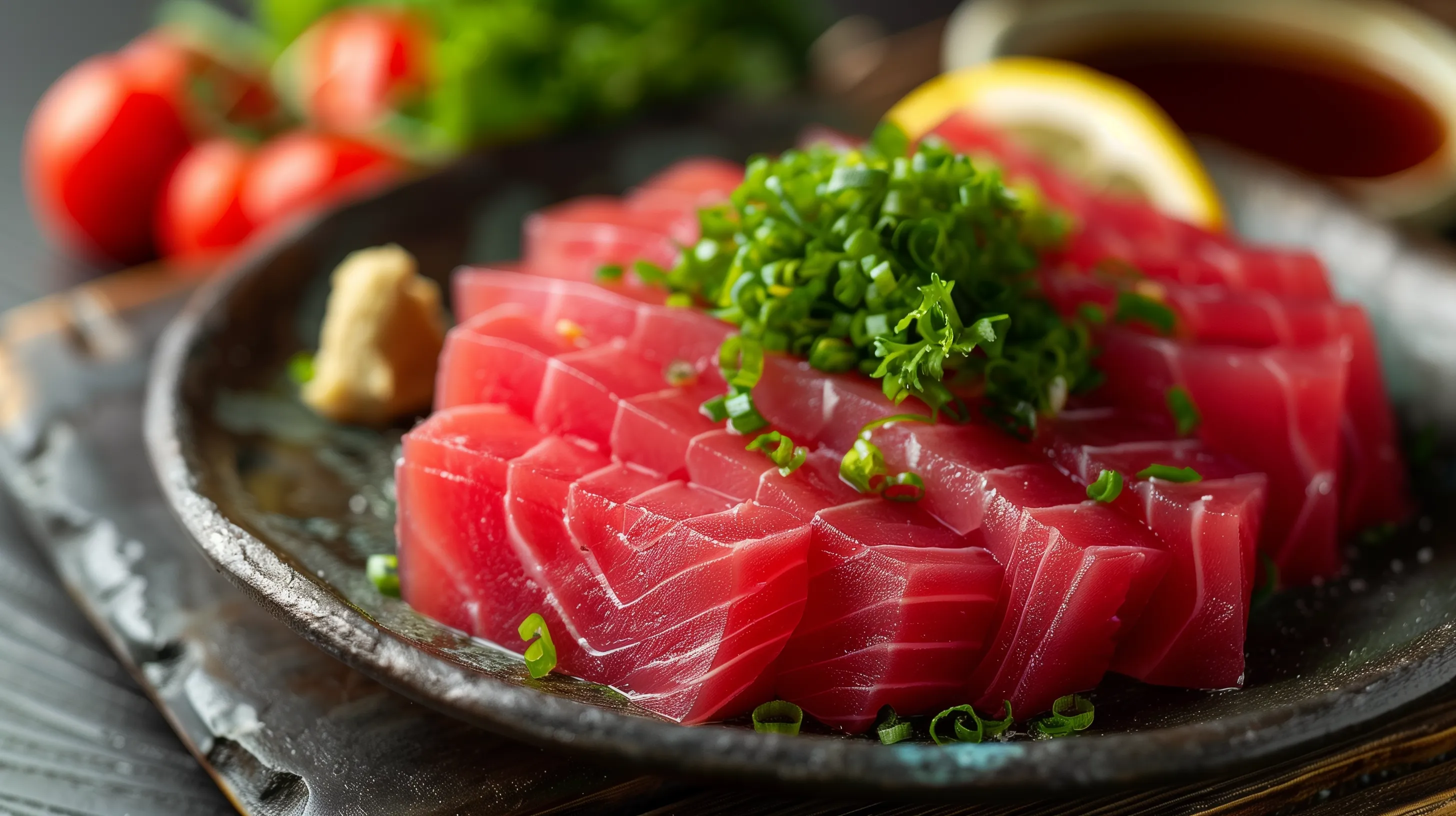 A close up of a plate of raw tuna on a table.