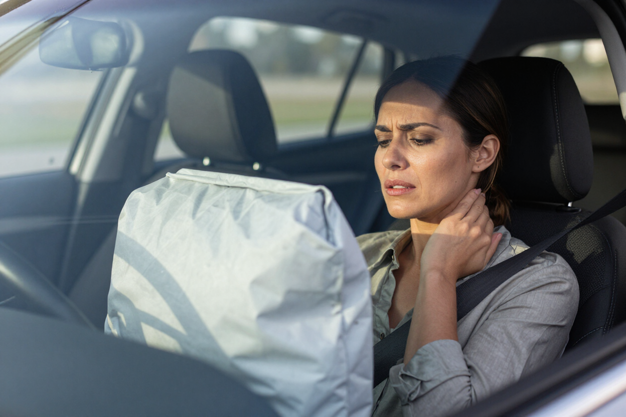 Driver in a car with a deployed airbag, looking distressed and holding her neck