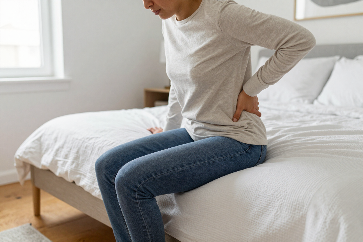 Person sitting on the edge of a bed, holding their lower back in a bright bedroom.