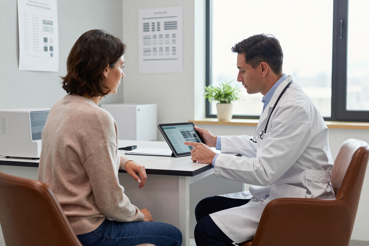 Doctor consulting with patient in a bright medical office, reviewing information on a tablet.