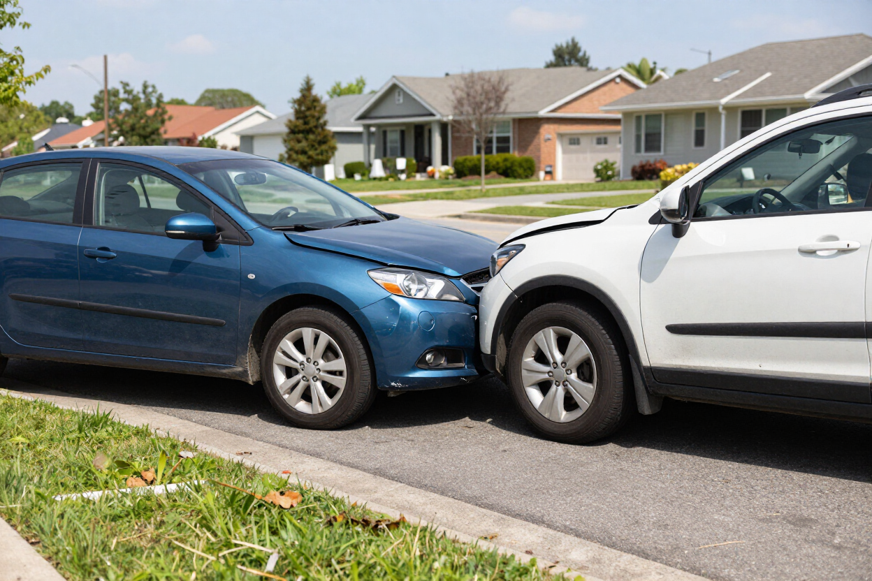 Blue car and white SUV with front bumpers touching on a suburban street.