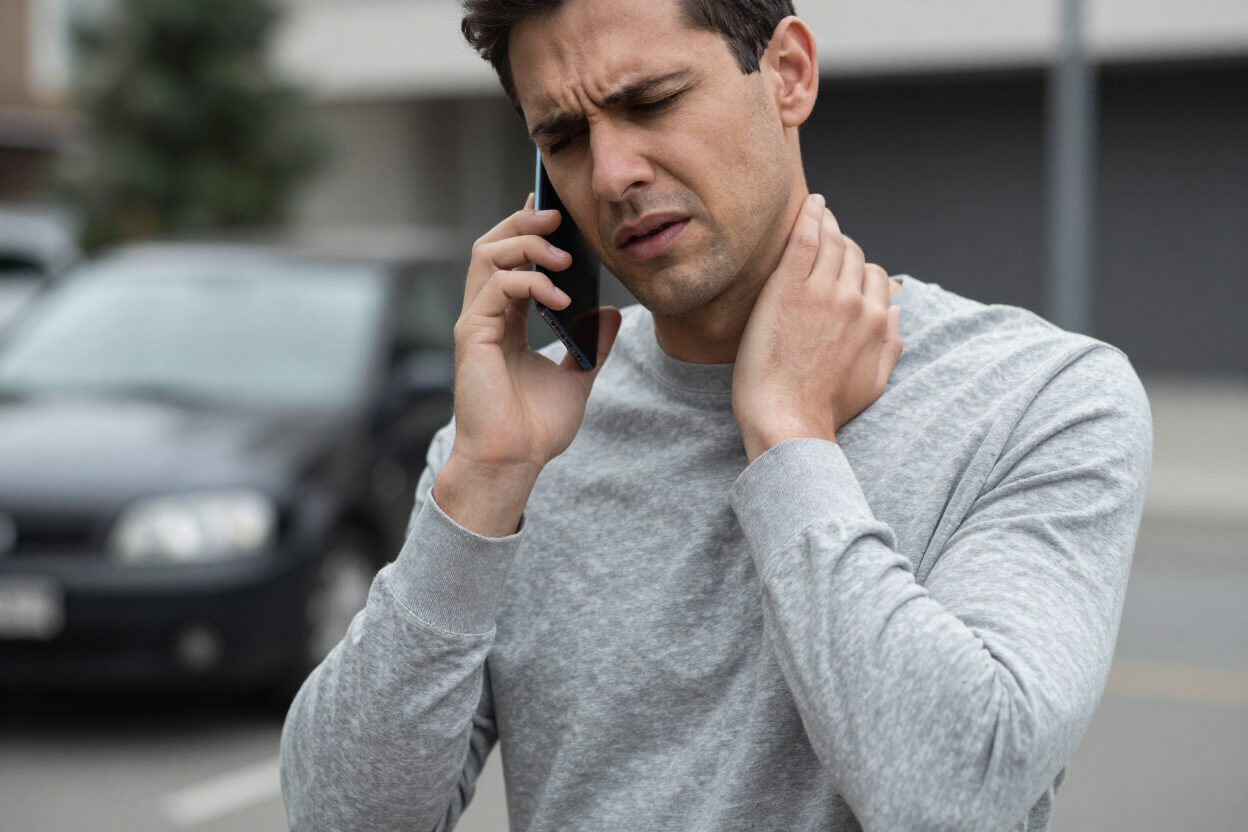 Man in gray shirt holding his neck while talking on a phone outdoors, looking in pain