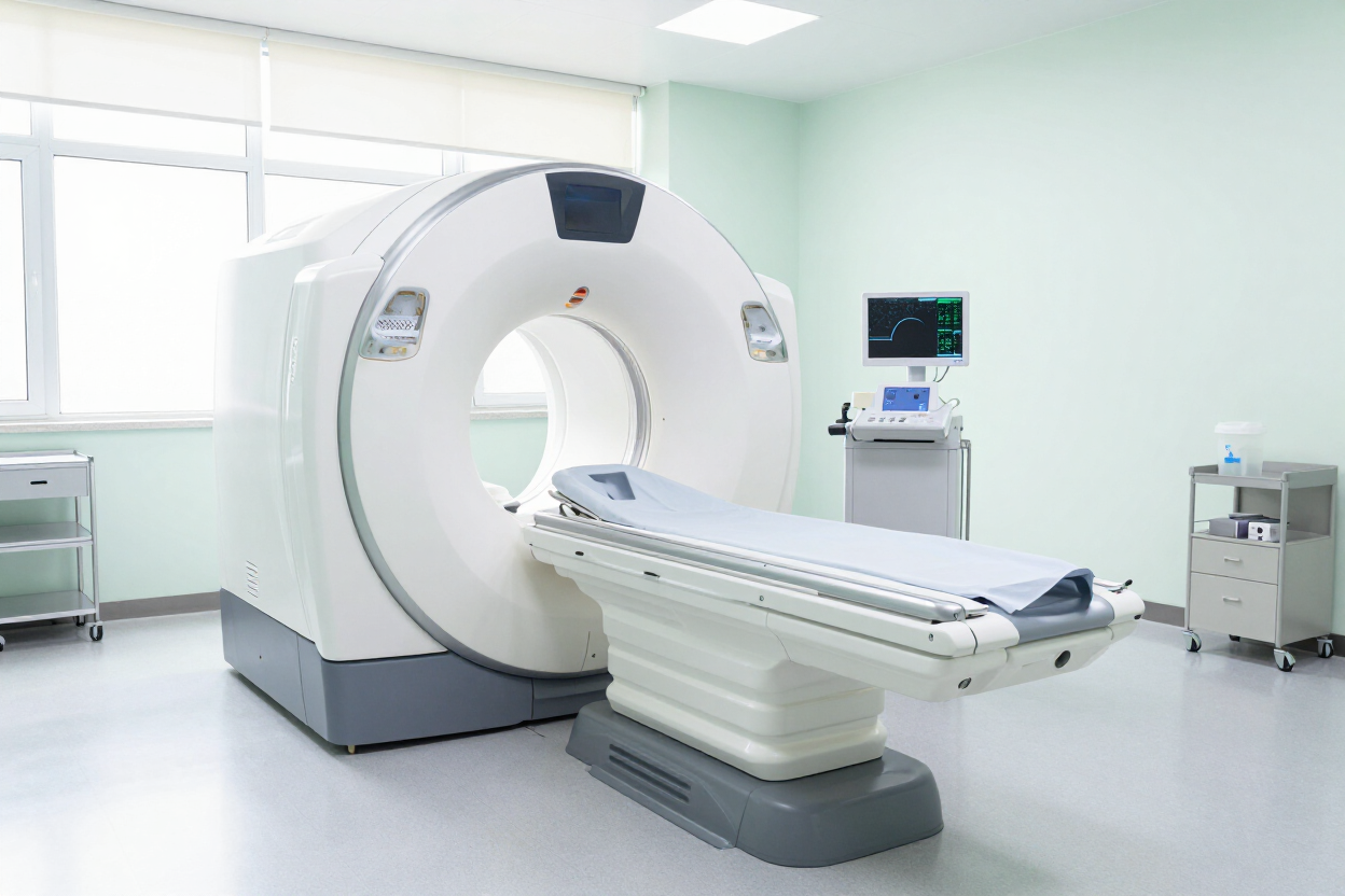 CT scanner in a bright hospital room with a patient table and monitor