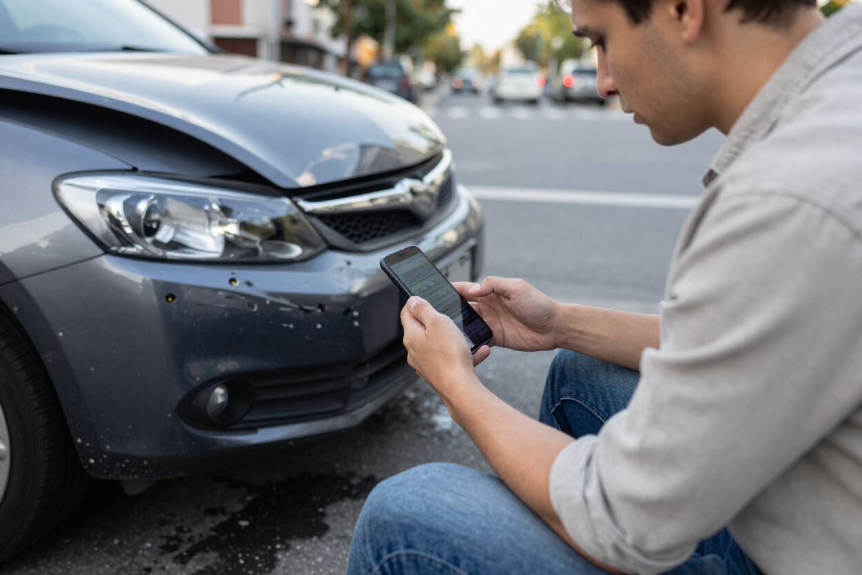 Man using a phone to photograph damage on the front bumper of a gray car Man using a phone to photograph damage on the front bumper of a gray car