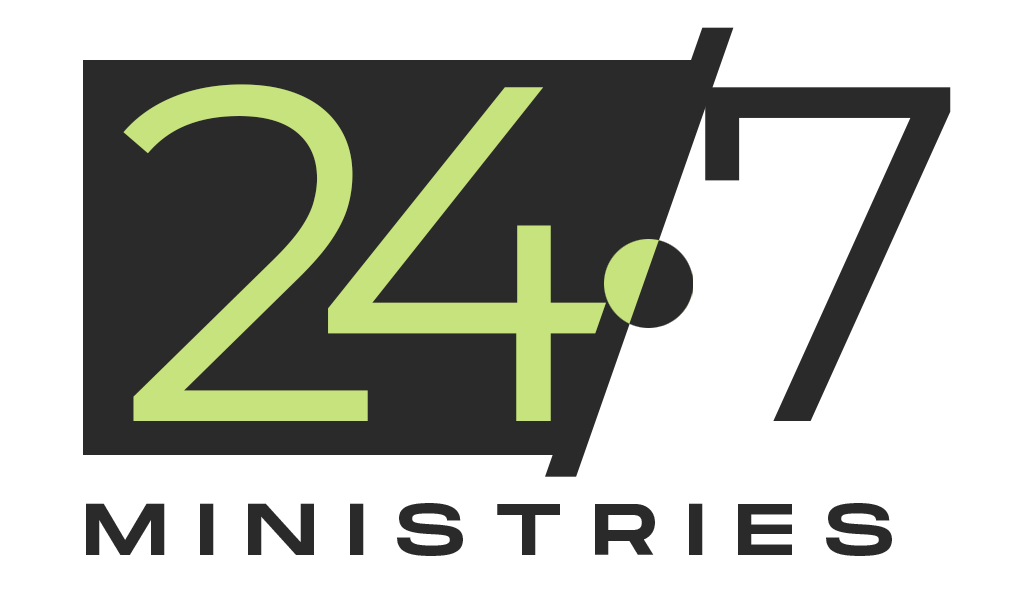 A logo for 24/7 ministries is shown on a white background