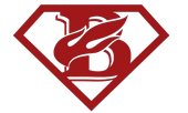 A red and white superhero logo with a bird on it