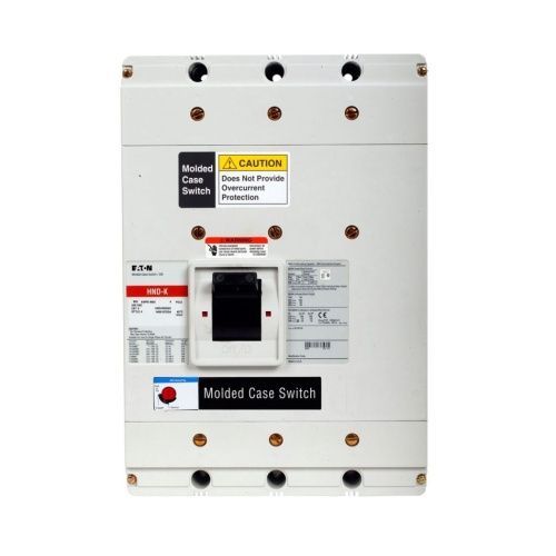 White Eaton molded case circuit breaker with black toggle switch and various labels and copper-colored terminals.