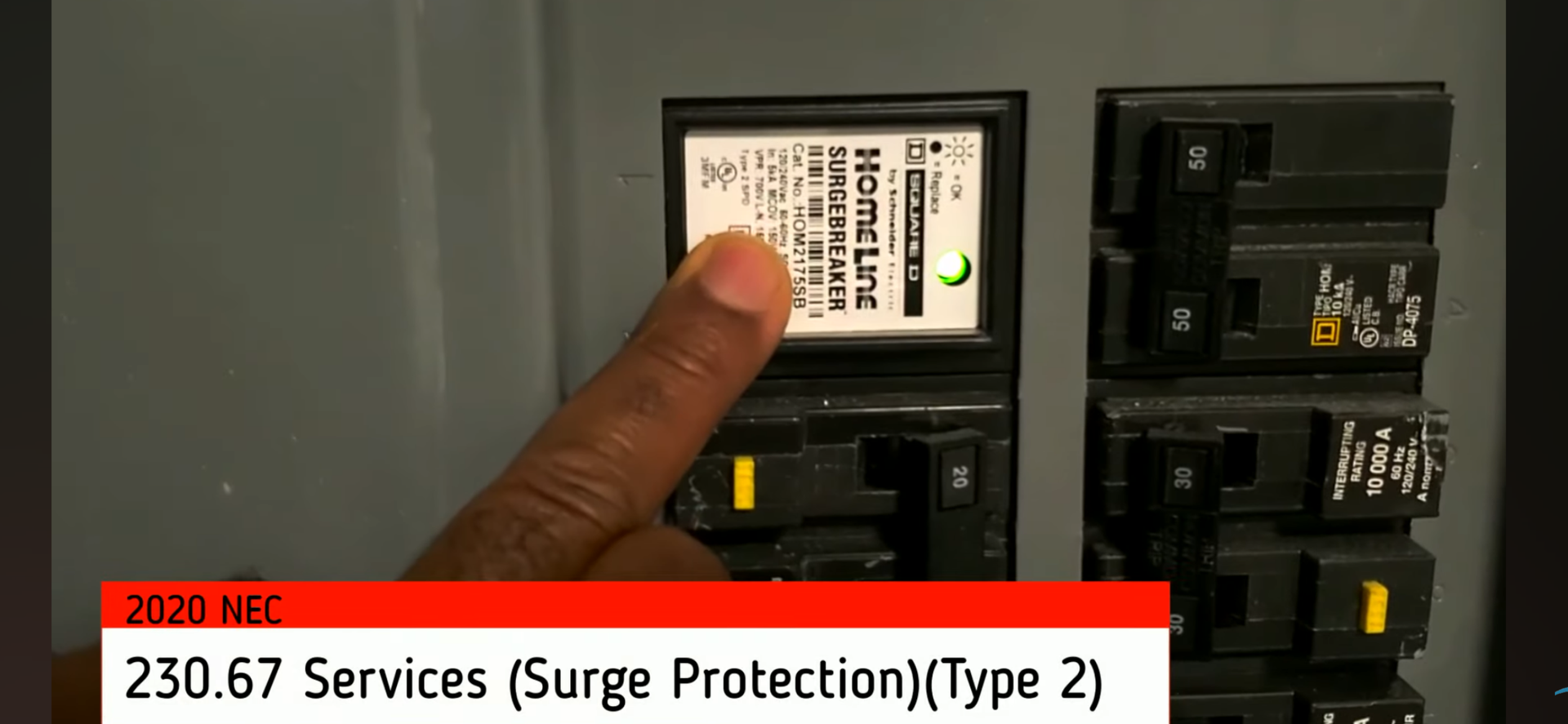 A hand points to a surge protector in a breaker box. Red banner at bottom with text about surge protection.