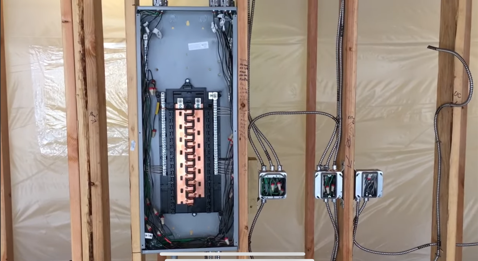 Electrical panel installed in wooden wall framing. Wires connected to breakers and outlets. Construction setting.