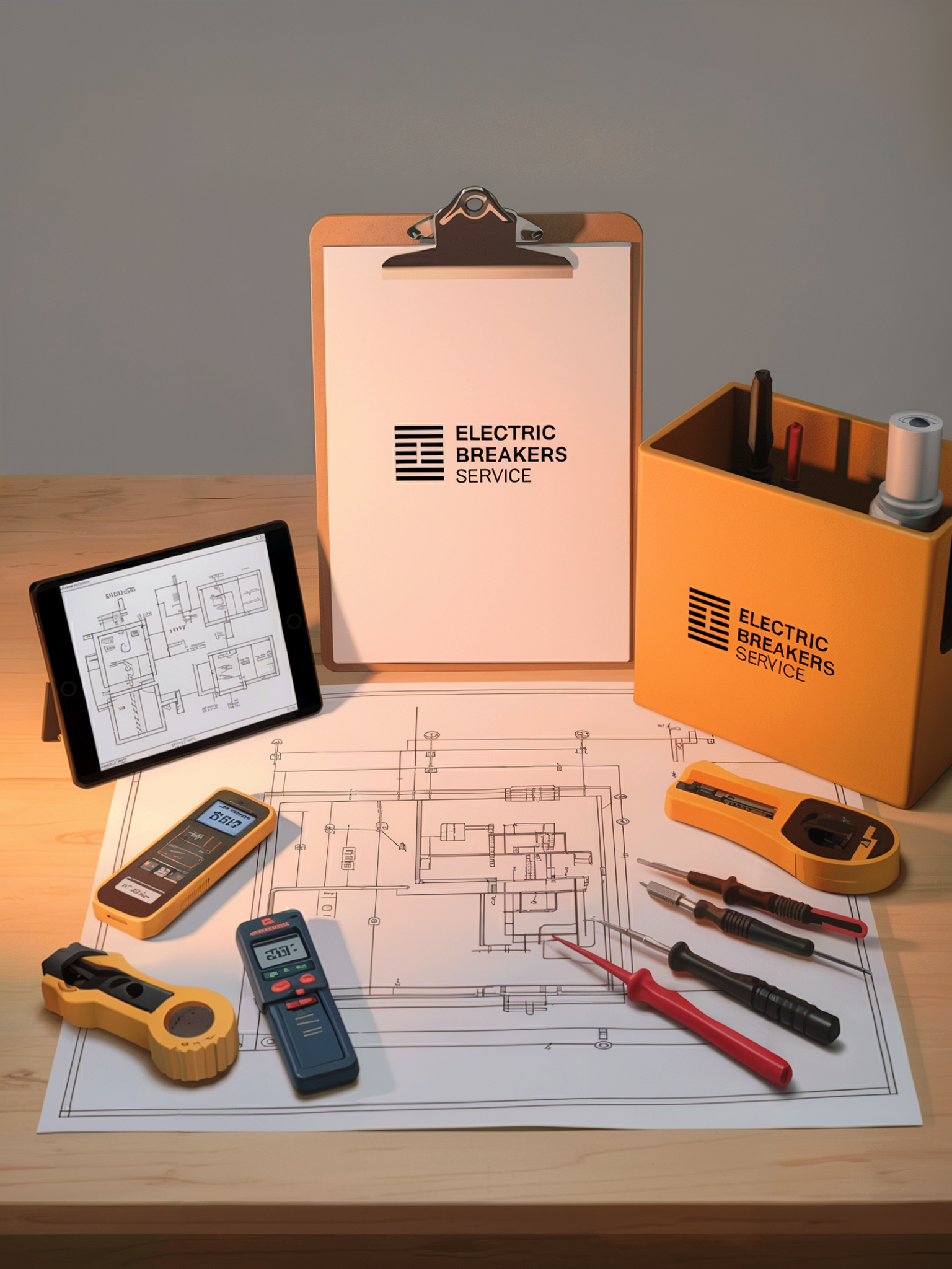Electrical tools and blueprint on a table, with a clipboard, tablet, and a container.