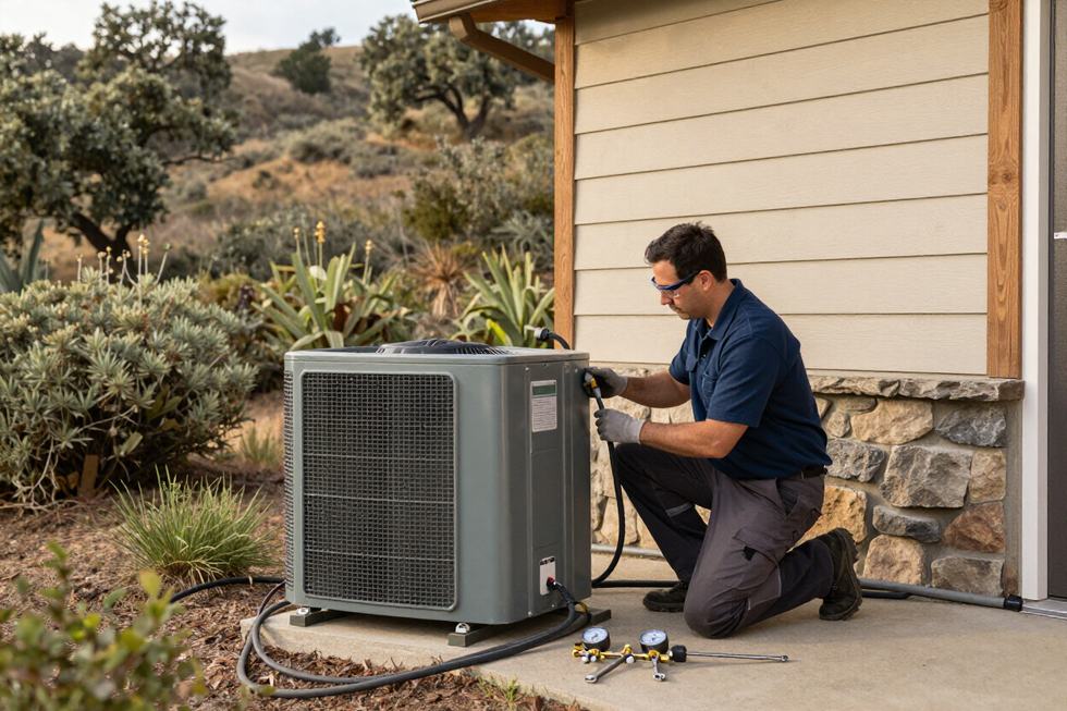 Technician kneeling beside outdoor HVAC unit, making repairs next to a house. Technician kneeling beside outdoor HVAC unit, making repairs next to a house.