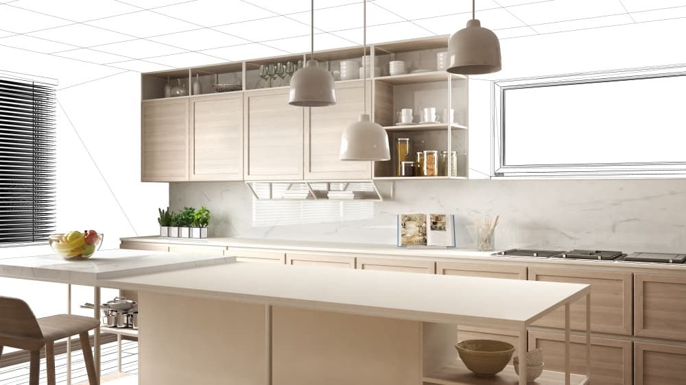 A Modern Kitchen With Wooden Cabinets and a Large Island — A1 Maintenance and Building In Old Bar, NSW