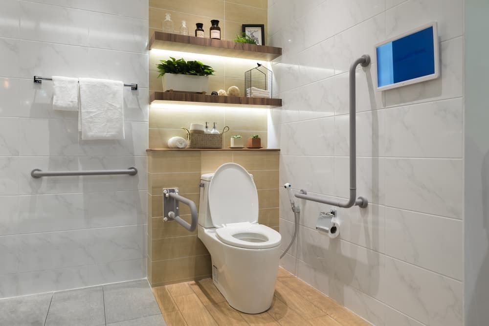 A Bathroom With a Toilet, Handrails, and a Television — A1 Maintenance and Building In Old Bar, NSW