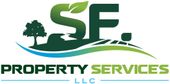 Logo for SF Property Services LLC, featuring green letters, a tree, and a curved line; Property Services is below.