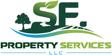 Logo for SF Property Services LLC, featuring green letters, a tree, and a curved line; Property Services is below.