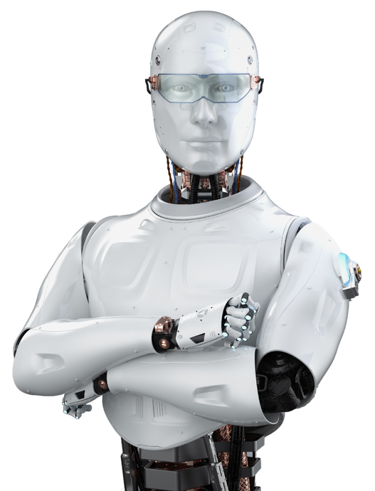 A robot is standing with his arms crossed and wearing sunglasses.