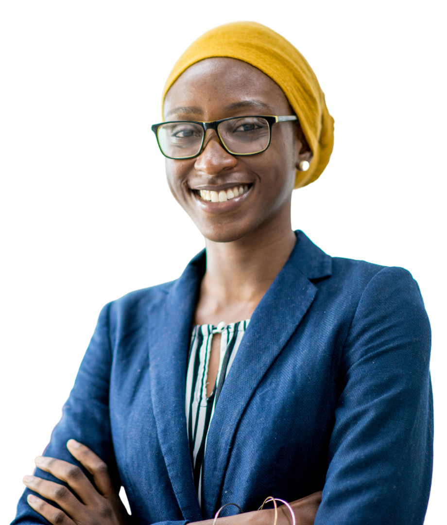 Woman in white jacket and black head wrap smiles, looking up and to the right.