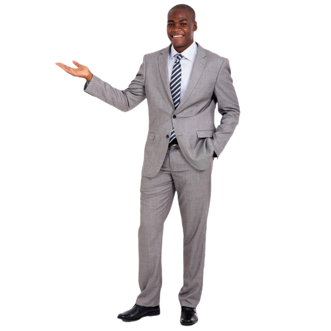 A man in a suit and tie is holding out his hand